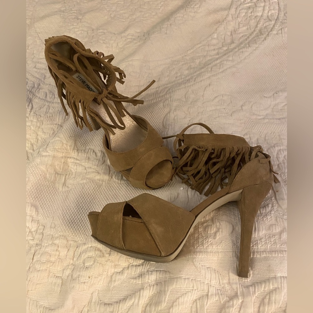 Steve Madden real suede fringe trimmed ankle heels, boho, native style